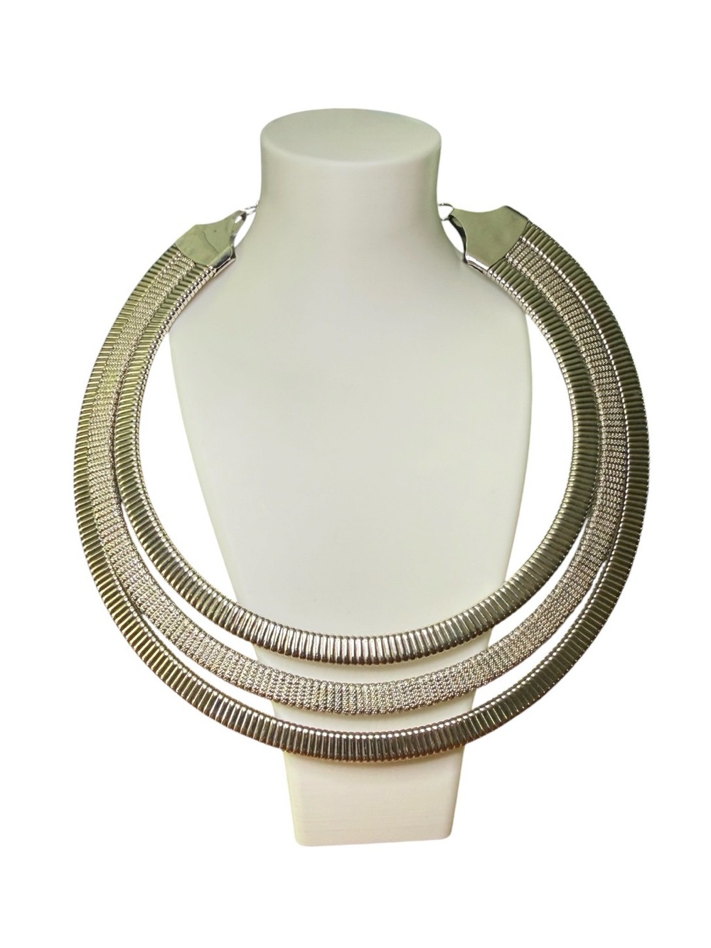 Vintage Silver Tone 3 Strand Tiered Omega Collar Necklace 15”+ 4” Extender 80s